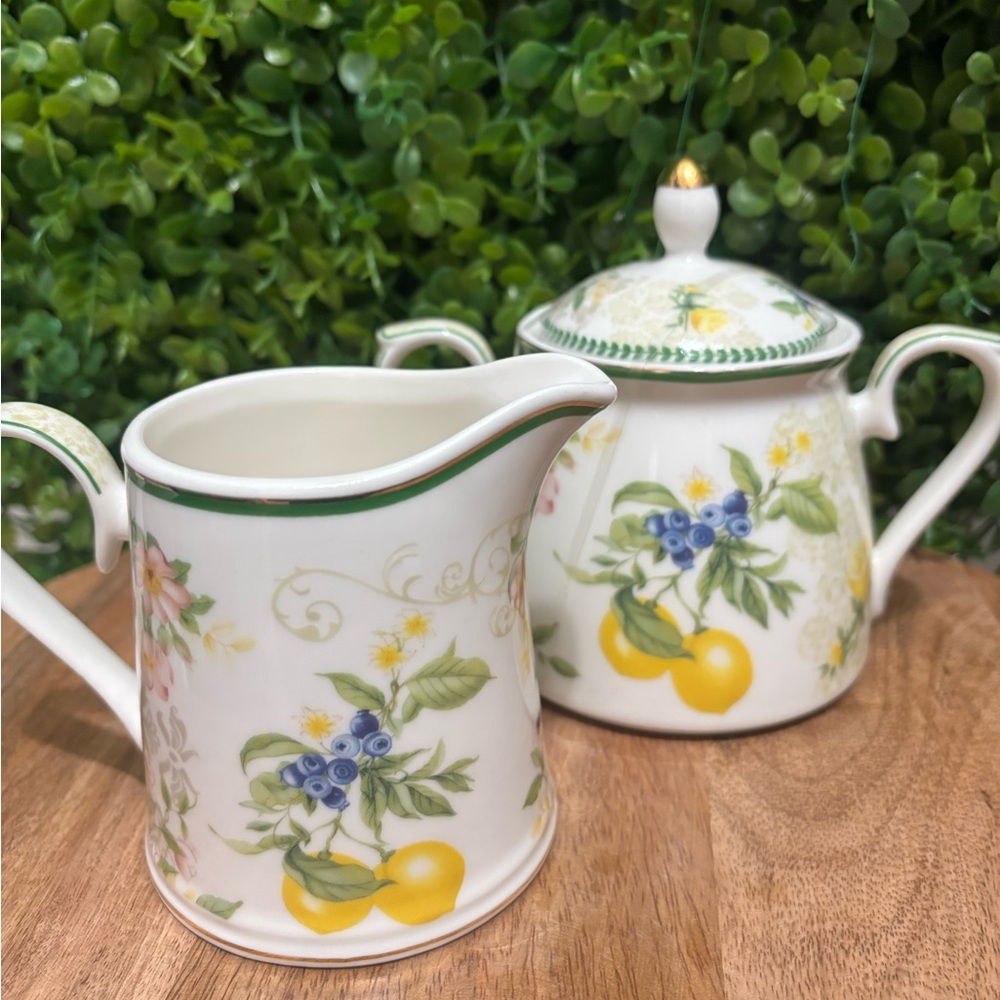 Grace Teaware  NWT Floral Fruit Porcelain Creamer and Sugar Set